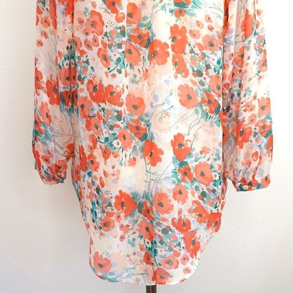 LC Lauren Conrad Bloomfest Popover Blouse White Green Coral Floral - S - Picture 9 of 15